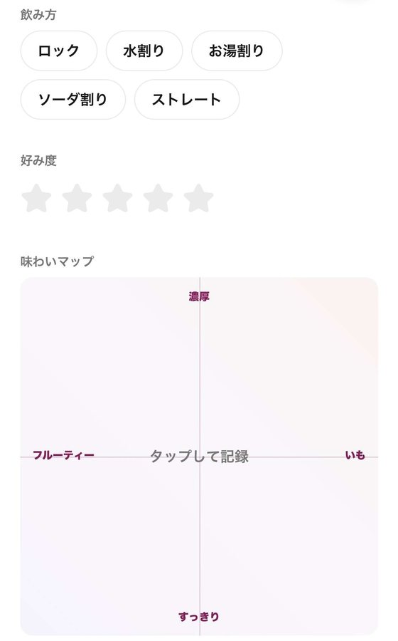 飲み方、好み度、味わいマップを入力する画面